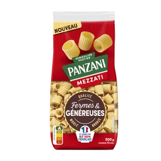 Paquet de pâtes mezzati Panzani de la gamme Fermes & Généreuses