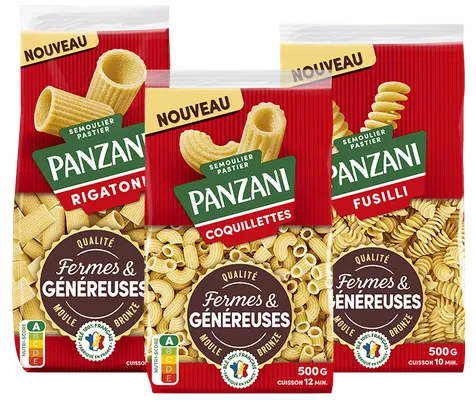 Visuel de la gamme de produits Panzani, présentation des différentes catégories de pâtes prémium.