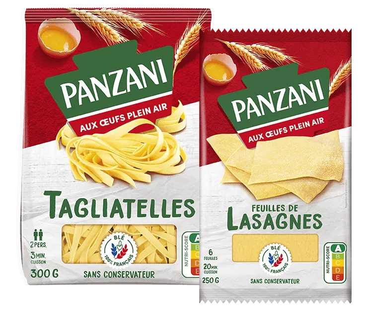 Gamme Panzani Pâtes Fraîches aux Œufs Plein Air : Tagliatelles et Feuilles de Lasagnes, blé 100% français.